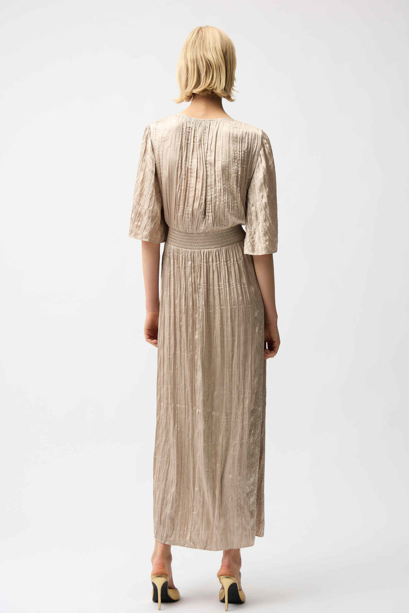 Satin Fit and Flare Pleated Dress with Knot Waist Detail