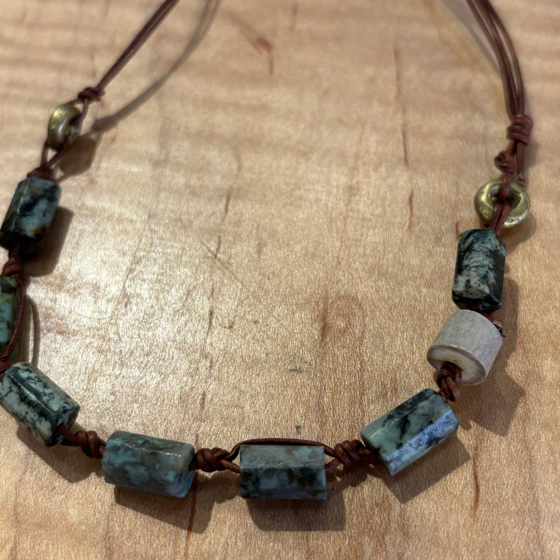 Handout African Turquoise w/ Antler on Leather, Brass Necklace
