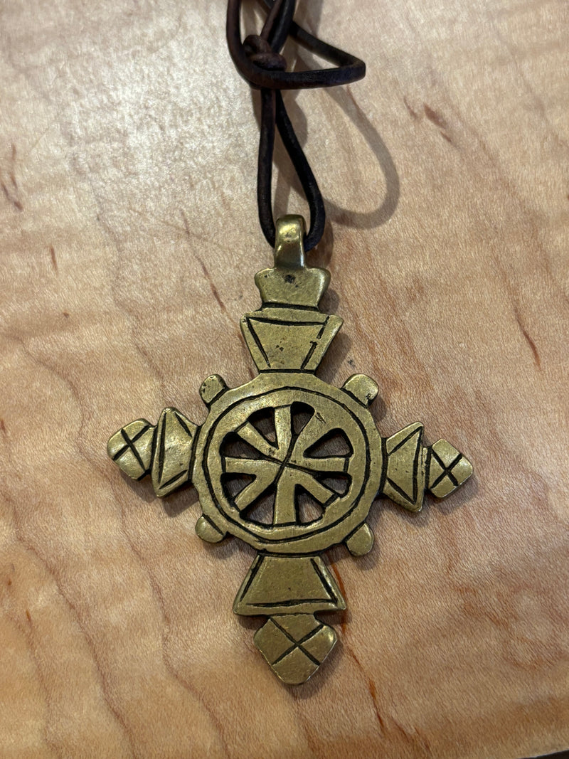 Ethiopian Brass Cross on Leather Necklace