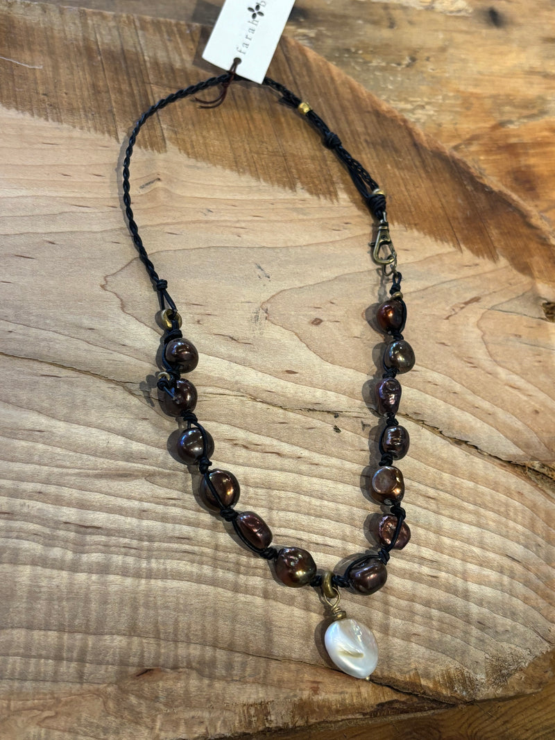 Brown Pearl + Hand Braided Leather + Coin Pearl Necklace