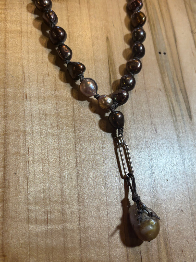 Brown Pearls on Leather with Flameball & Diamonds Necklace