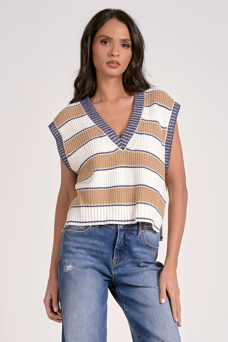Slate Sleeveless Sweater - Camel Stripe – Rue Boutique