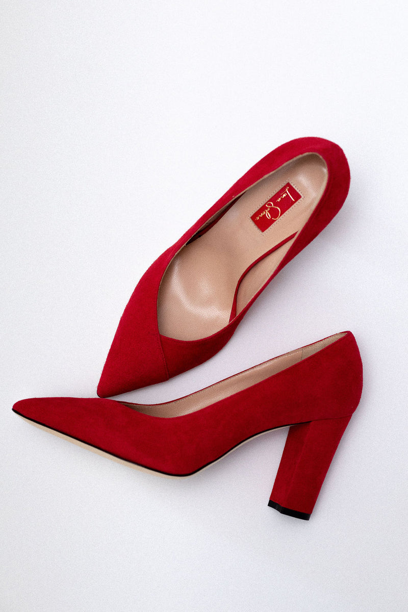 Red suede block heel shoes Clearance