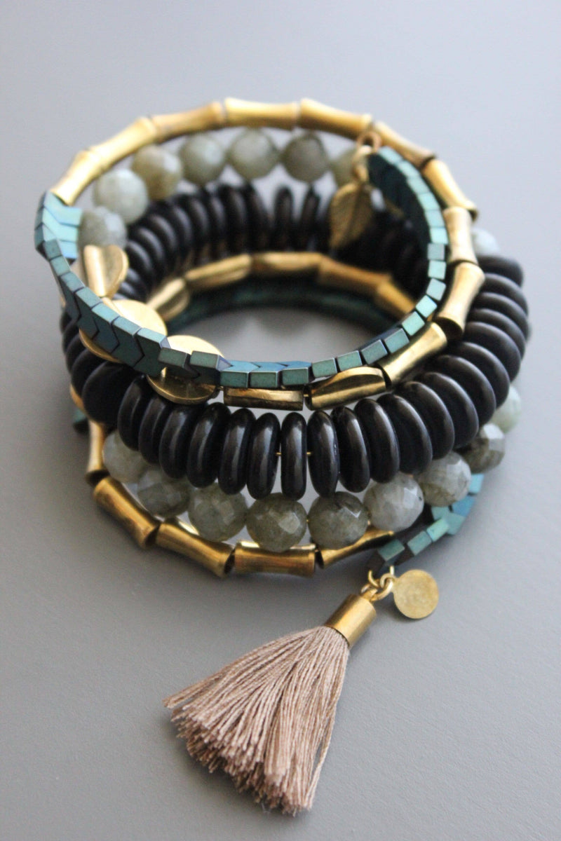 Black Stone & Green Hematite Wrap Bracelet