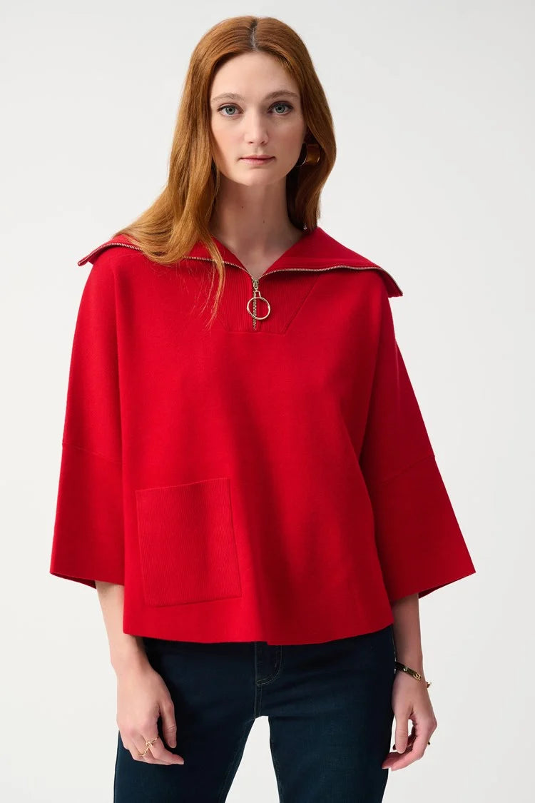 Jacquard Zipped Collar Sweater - Lipstick Red