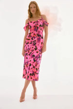 Satin Floral Sheath Dress with Cold Shoulder