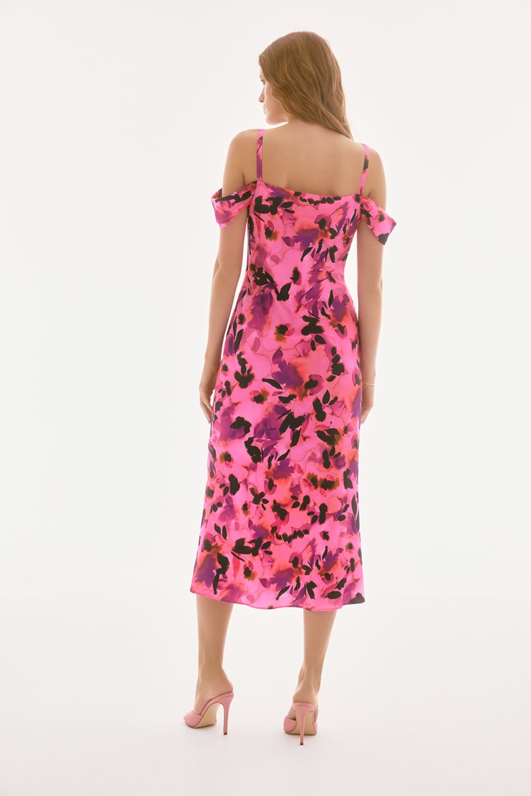 Satin Floral Sheath Dress with Cold Shoulder