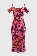 Satin Floral Sheath Dress with Cold Shoulder