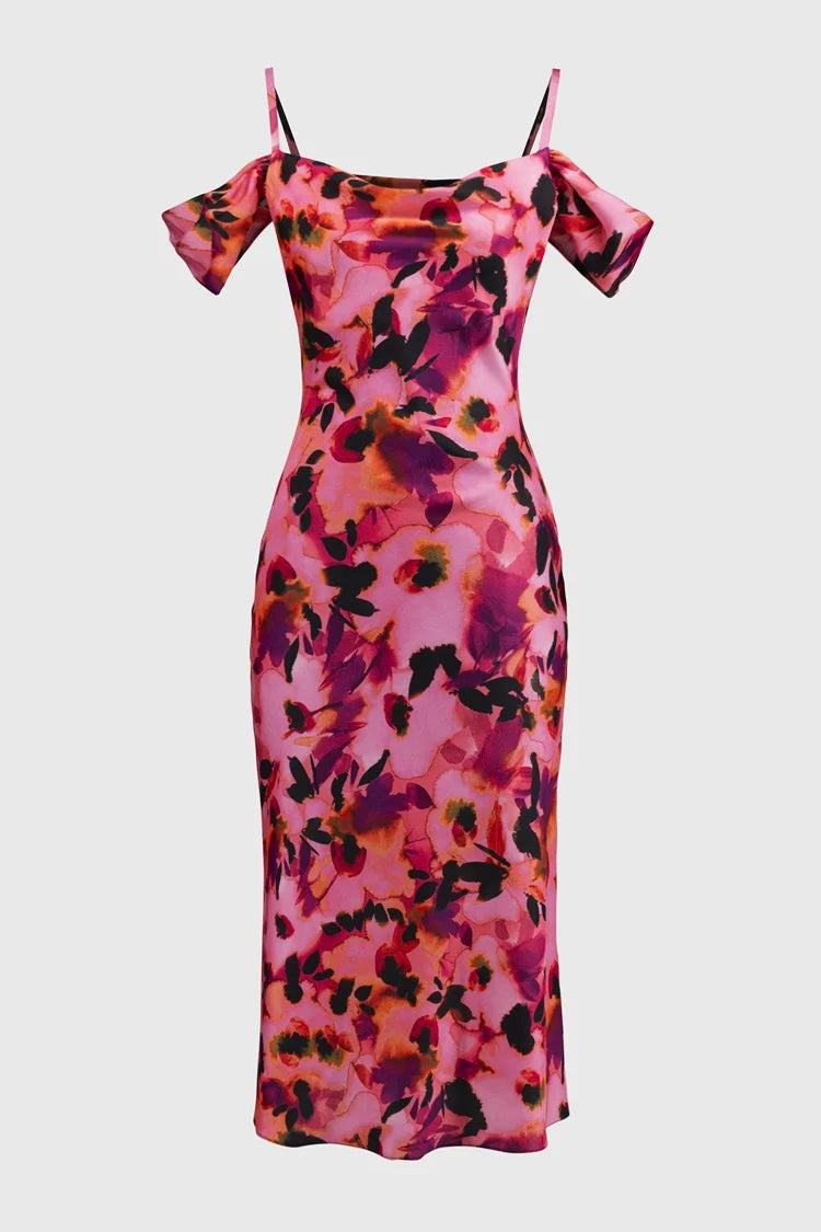 Satin Floral Sheath Dress with Cold Shoulder