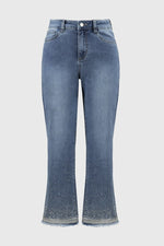 Straight Fit Crop Stretch Jeans with Glittering Crystal Trim