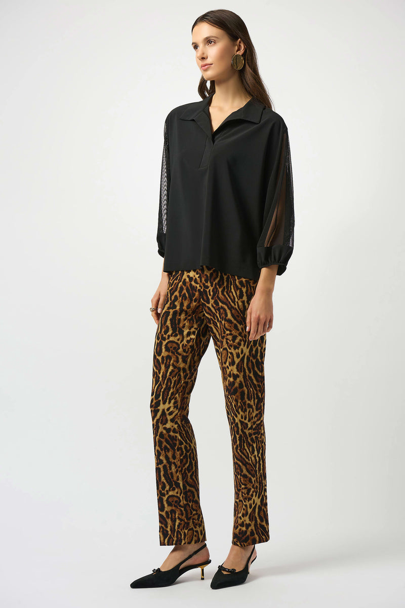 Stretch Poplin & Mesh Boxy Top - Black