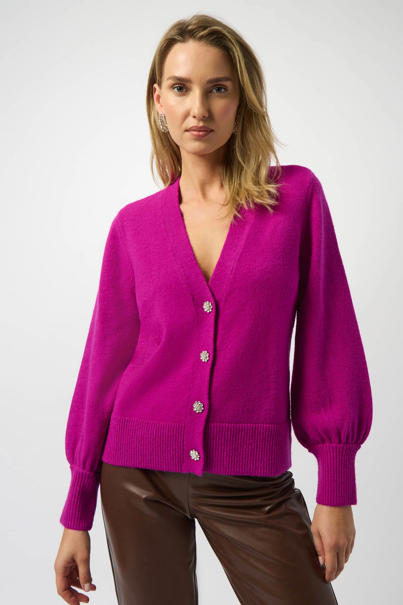 Sweater Knit Cardigan with Puff Sleeves - Cosmos