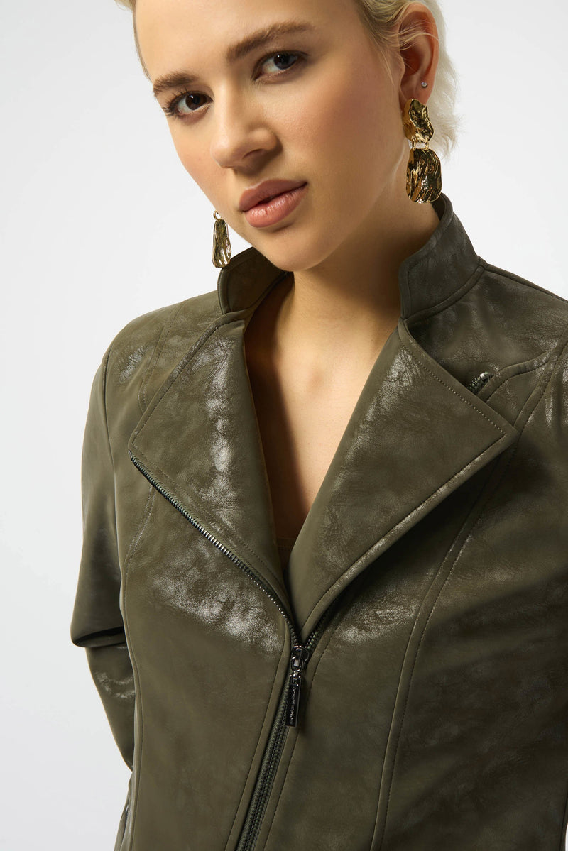 Foiled Faux Suede Fitted Moto Jacket - Avocado