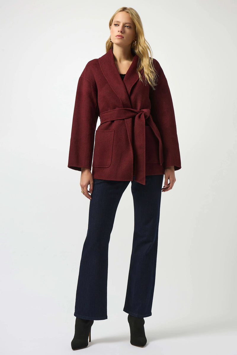 Wool Blend Belted Coat with Shawl Collar - Merlot