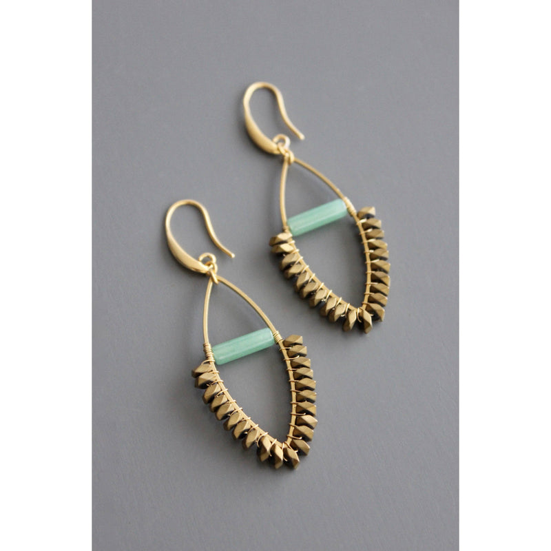 Jade & Gold Hematite Wire Wrapped Earrings