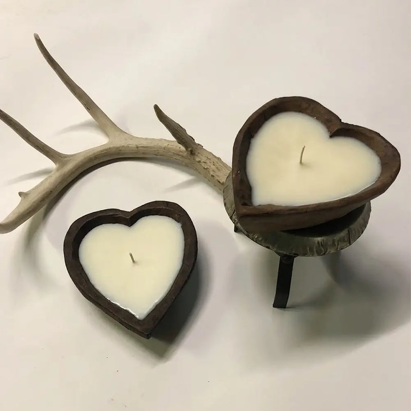 Hand Carved Wooden Heart Candle - Campfire