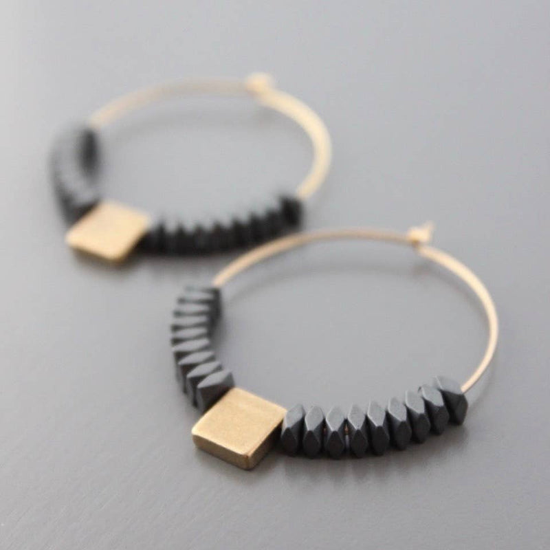 Geometric Hematite & Brass Hoop Earrings