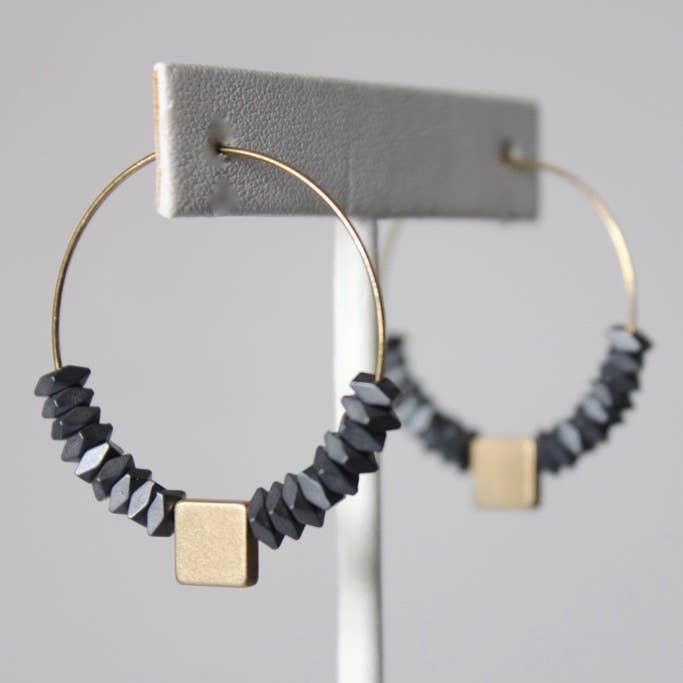 Geometric Hematite & Brass Hoop Earrings