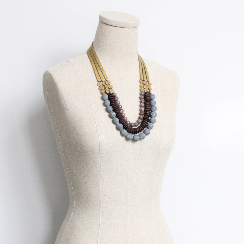 Triple strand Stone & African Glass Necklace