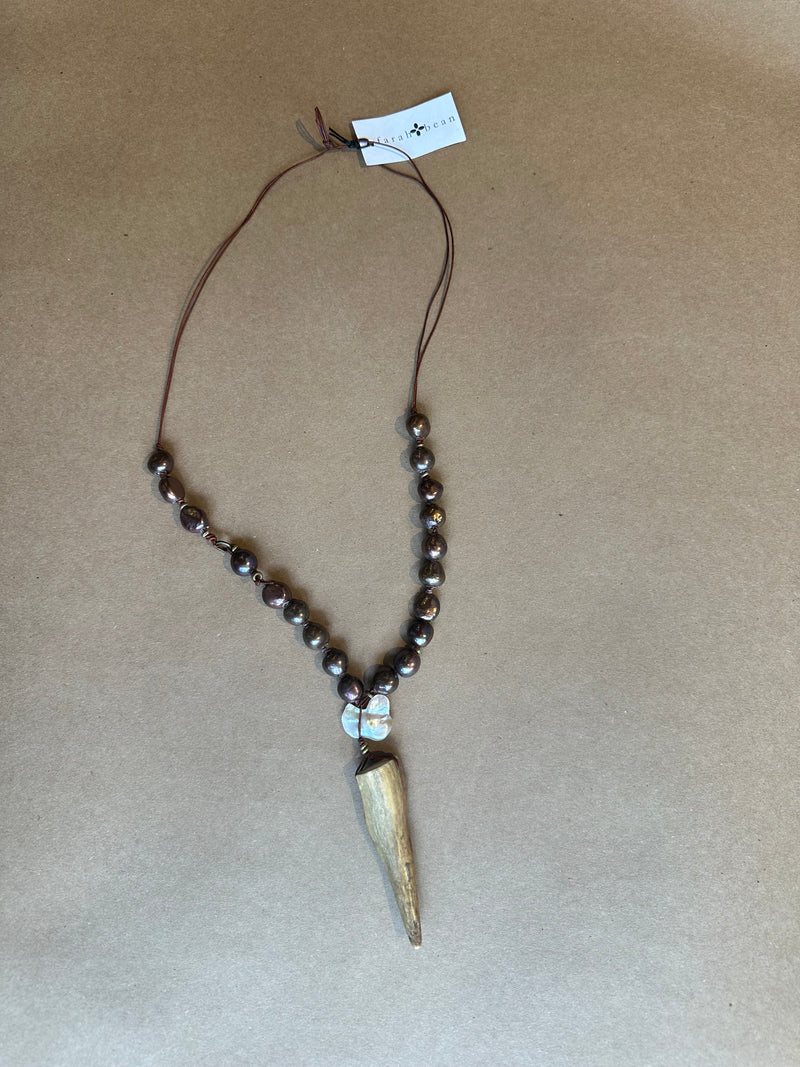 Brown Pearls on leather with White Pearl & Antler Necklace