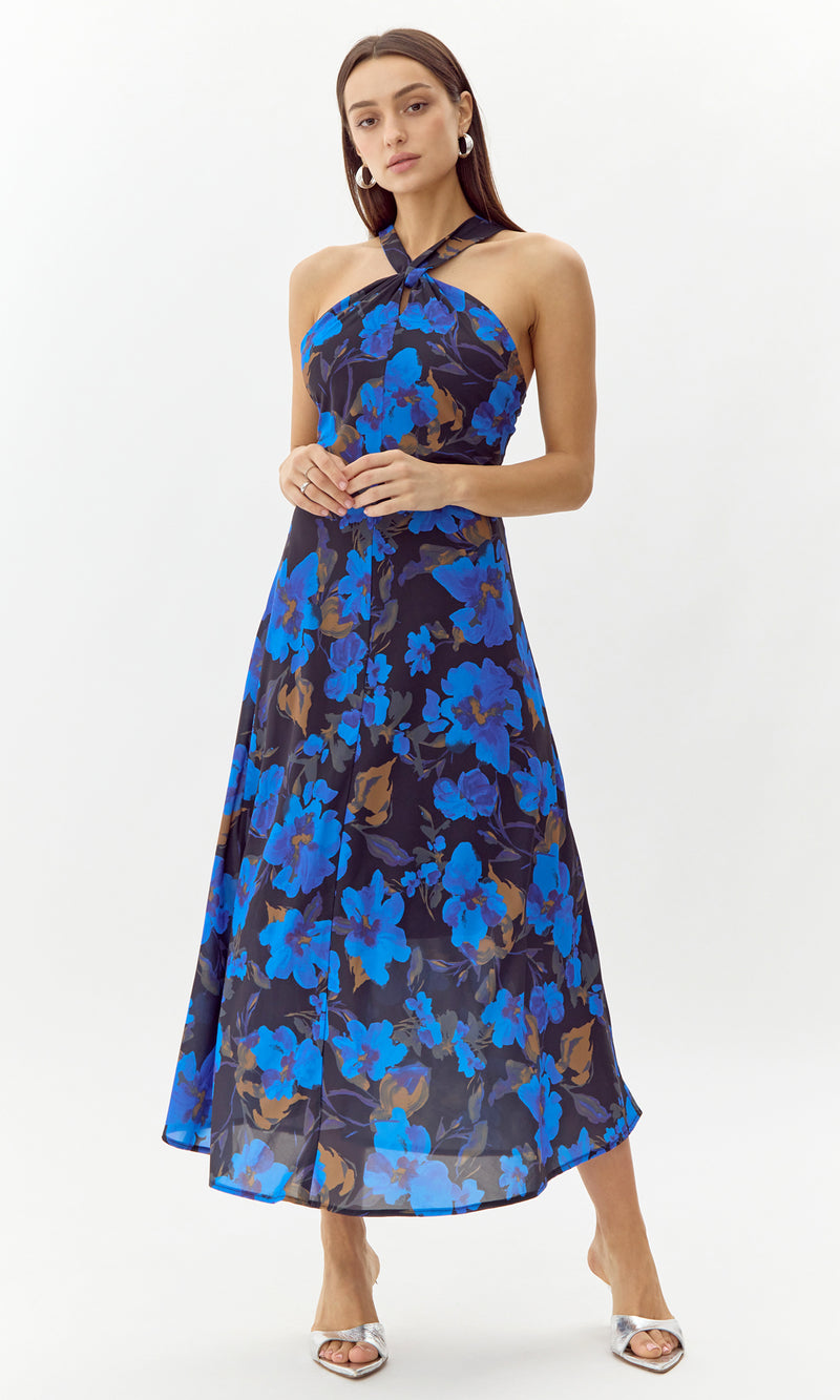 Anastasia Floral Halter Midi Dress - Electric Blue