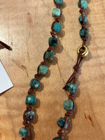 Faceted Cube Chrysocolla on Leather w/ Brass Ethiopian Cross Necklace
