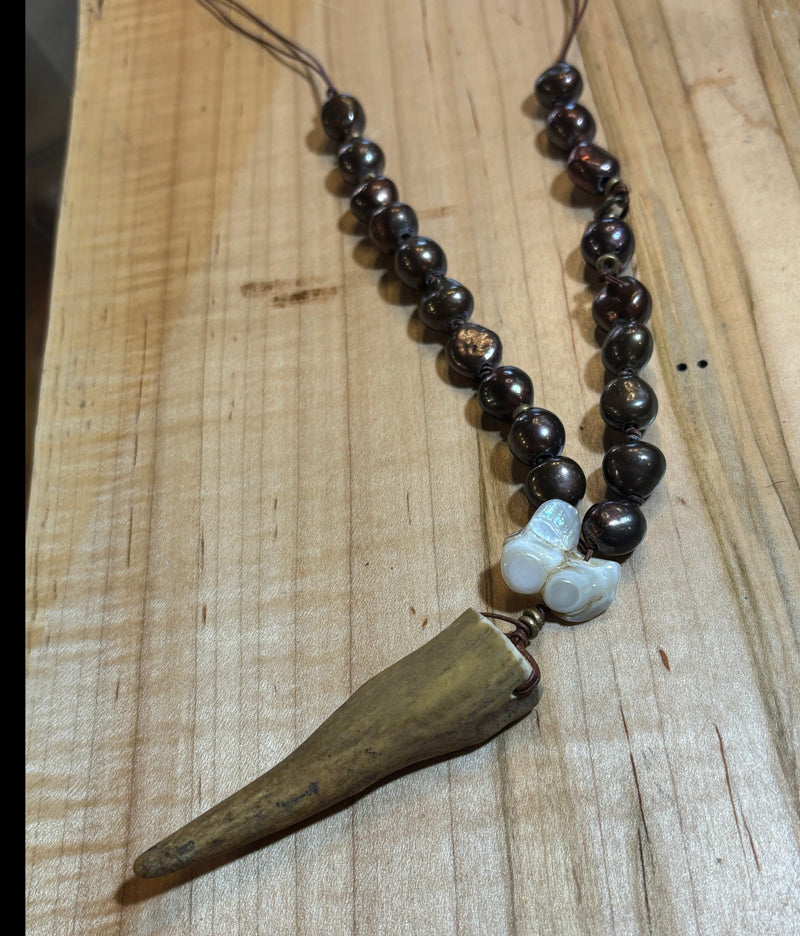 Brown Pearls on leather with White Pearl & Antler Necklace