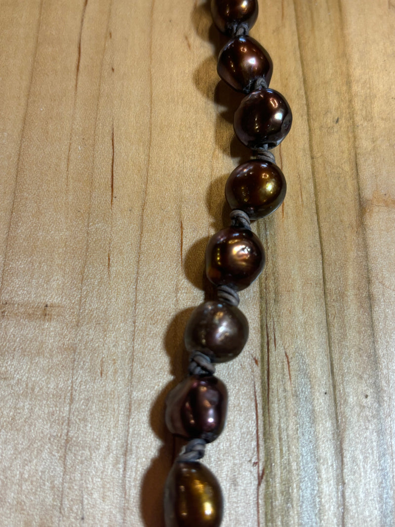 Brown Pearls on Leather with Flameball & Diamonds Necklace