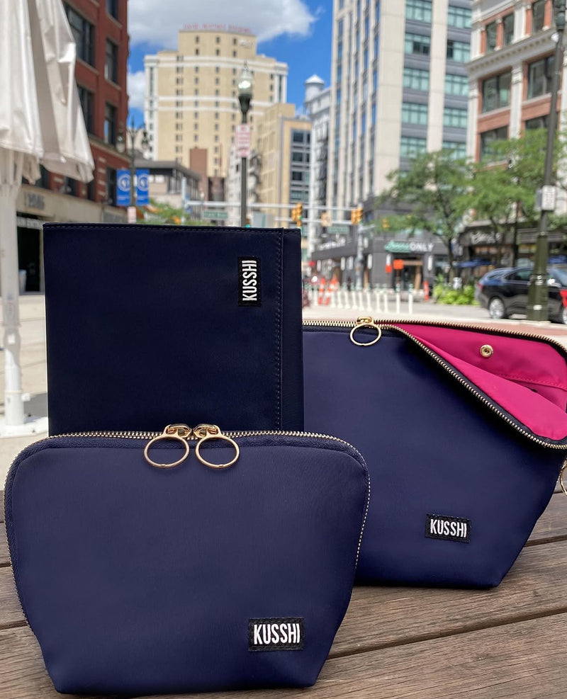 Satin Makeup Bag - Navy & Pink