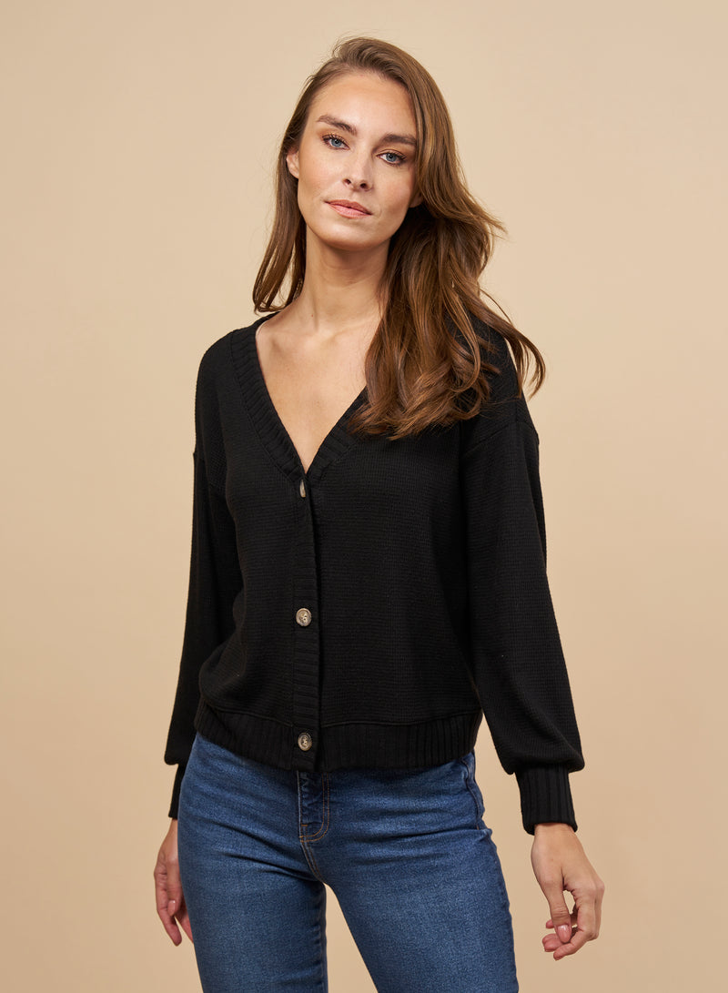 Crop Waffle Cardi - Black