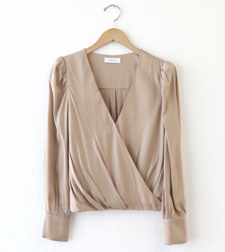 Lourdes Wrap Front Cuffed Blouse - Taupe