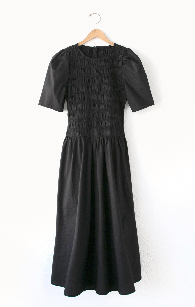 Kala Smocked Bodice Poplin Midi Dress - Black