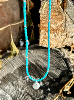 Azure Boho Seed Bead Necklace with Silver Charm