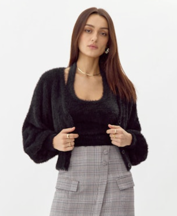 Lina Fuzzy Knit Cardigan - Black