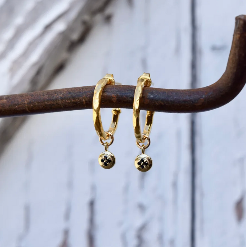 Hammered Gold Vermeil Hoops with Black CZ's