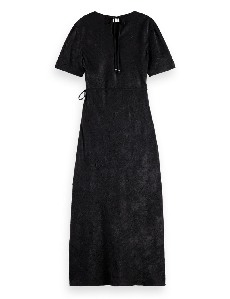 Crushed Satin Wrap Dress - Black