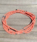 Coral Peach Silver-Sprinkle Beaded 5-Wrap Boho Bracelet