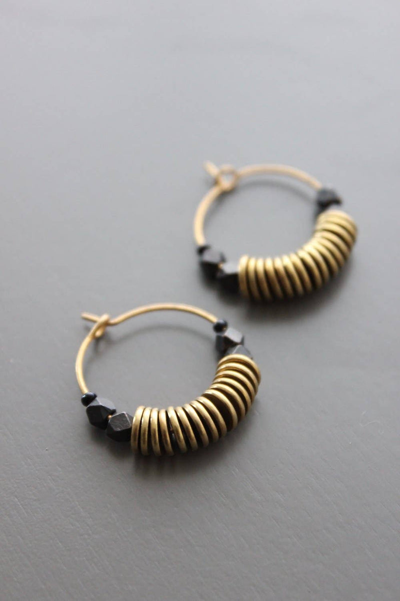 Brass Discs & Hematite Hoop Earrings