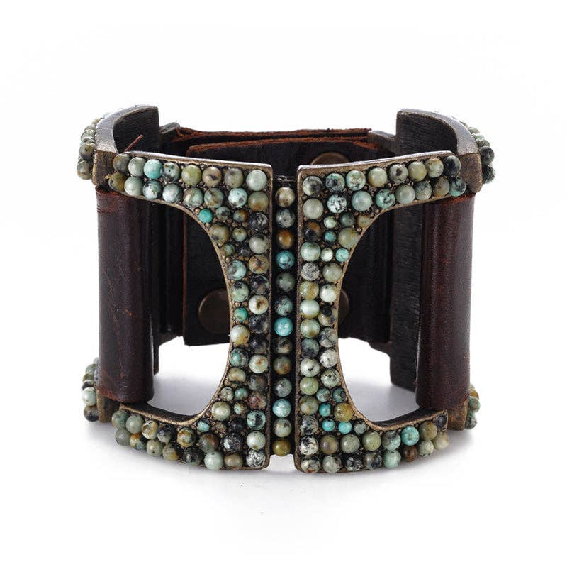 Open Rectangle Beaded Leather Bracelet - African Turquoise