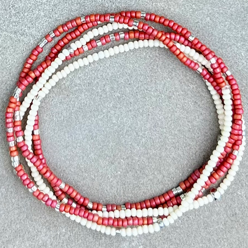 Brick Red & White Beaded 5-Wrap Boho Bracelet