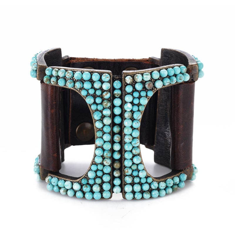 Open Rectangle Beaded Leather Bracelet - Light Turquoise