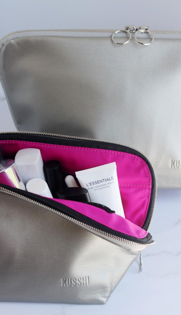 Leather Makeup Bag - Silver/Pink